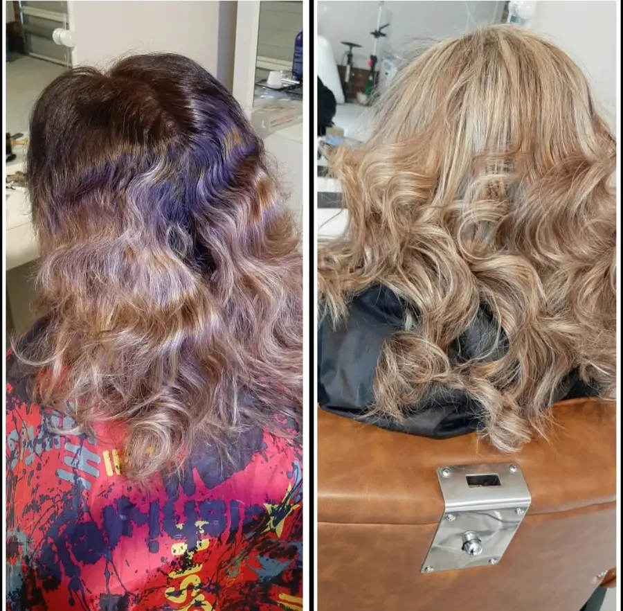 Before and after blonde colour transformation